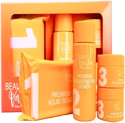 Beauty Vault Premium Rejuvenating Set - Kojic Soap, Rejuvenating Toner, Tinted Sunblock Cream SPF45, and Rejuvenating Cream