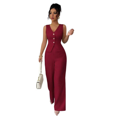 Ficerd Women’s 2 Piece Outfit – Sleeveless Cotton Suit Vest & Wide Leg Pants Set