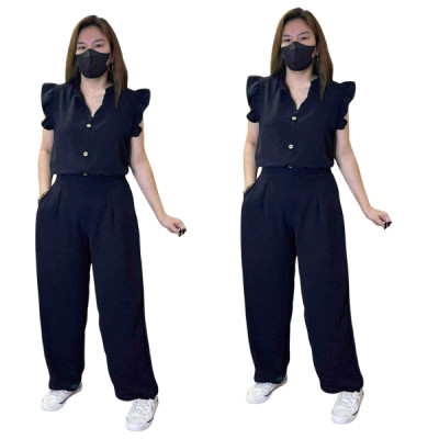 Women’s Mustard  Two-Piece Set – Button Top & Wide Leg Pants