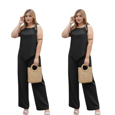 Women’s Plus Size Two-Piece Set – Sleeveless Top & Wide-Leg Pants